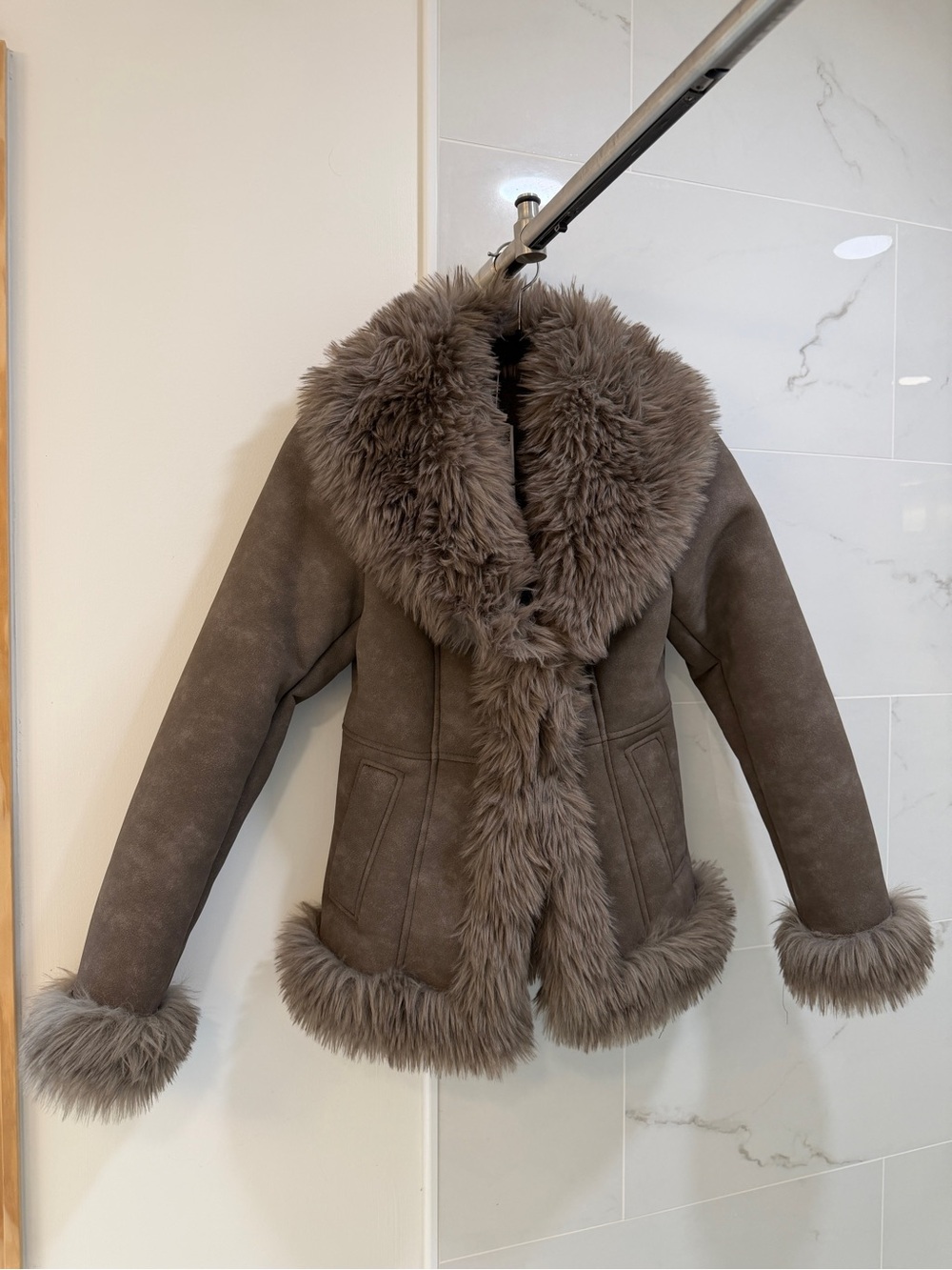 NWT Mango Suede Effect Gray Fur Jacket